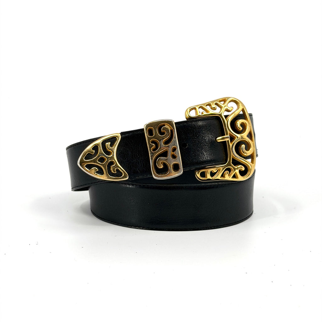 Vintage 90s Donna Katz Black Western Ornate Gold Filigree Hardware Belt