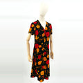 Vintage 90s Handmade Black Velvet Yellow Red Rose Floral Romantic Blouse