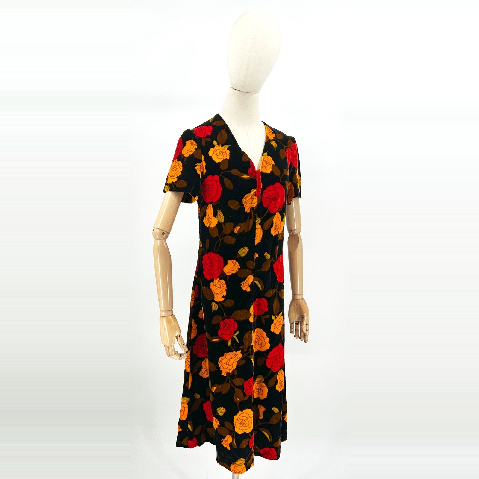 Vintage 90s Handmade Black Velvet Yellow Red Rose Floral Romantic Blouse
