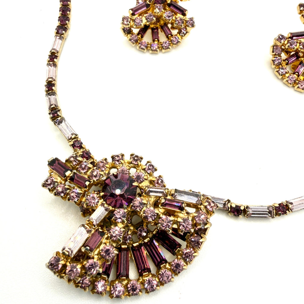 Vintage 50s Purple Amethyst Rhinestone Baguette Statement Necklace Earring Set