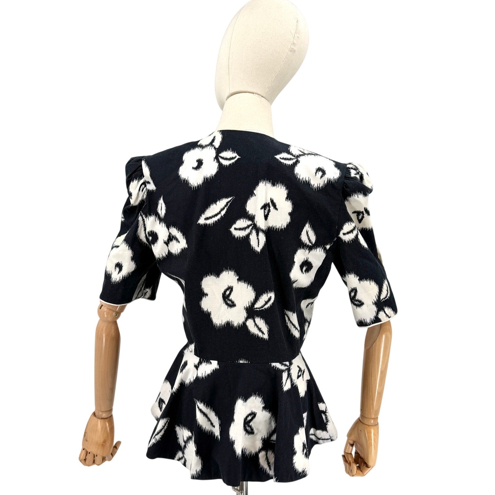 Vintage 80s Lady Carol Black White Floral Peplum Double Breasted Jacket Blouse