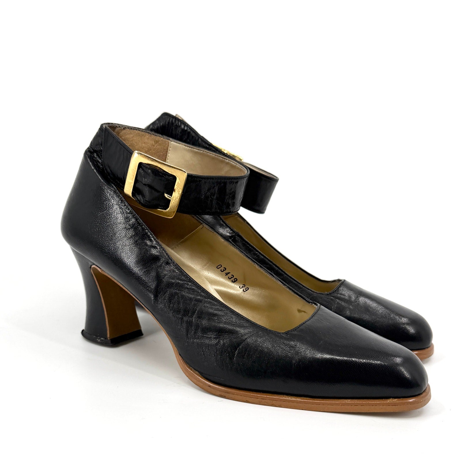 Vintage 90s Gino & Salvatore Black Leather Glam Block Heel Mary Jane Pumps