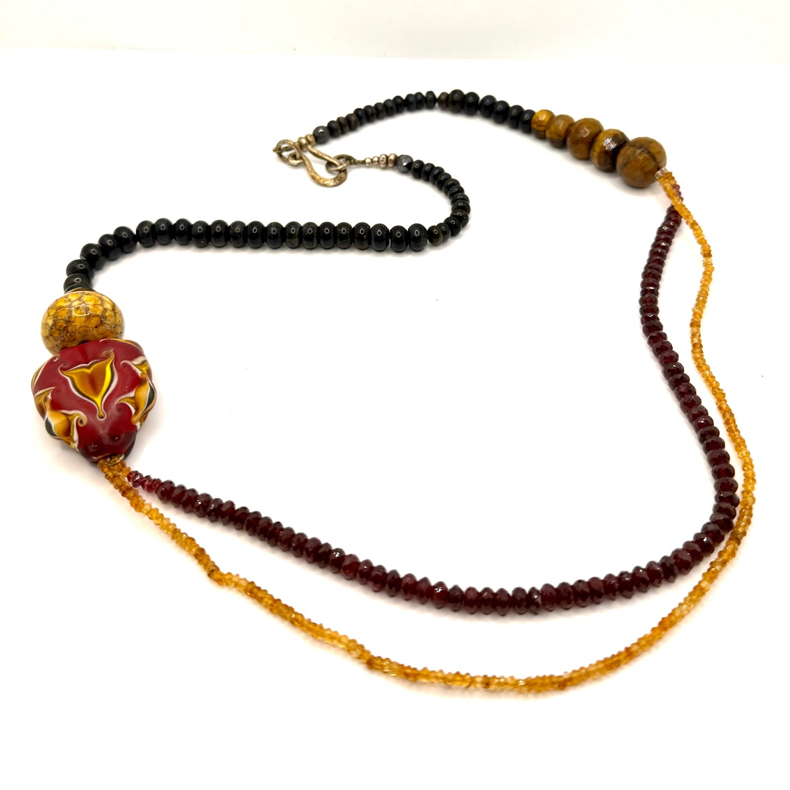 Vintage 90s Ruby Golden Topaz Tiger's Eye Dragon Head Glass Bead Necklace