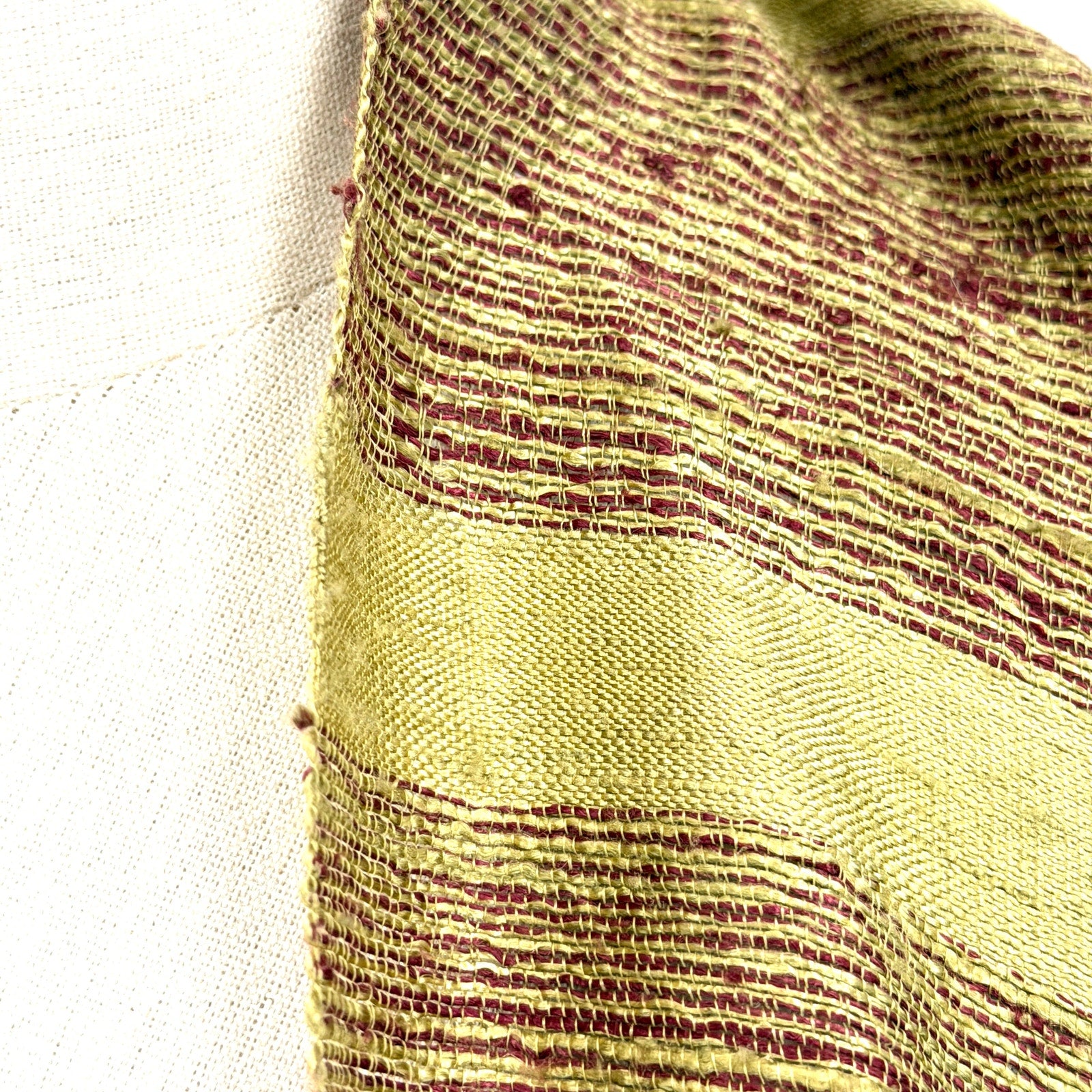 Olive Green Red Striped 100% Raw Silk Fringed Artisan Scarf Wrap