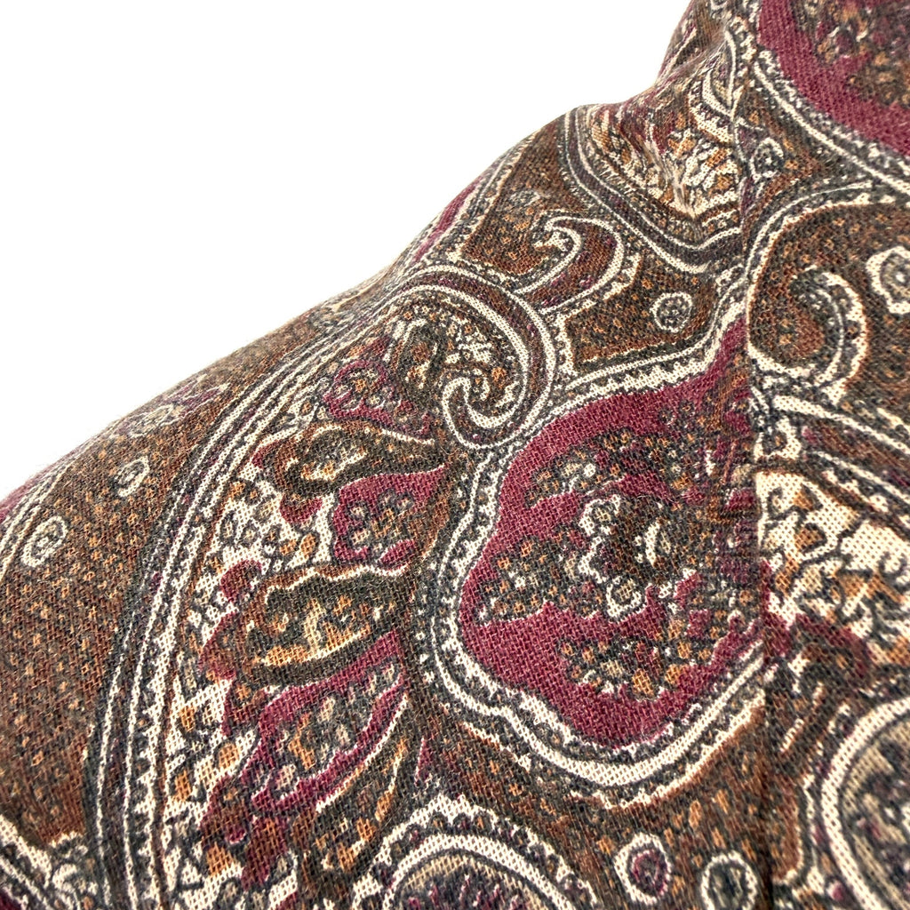 Vintage 80s Boho Maroon Olive Paisley Print Two Ply Triangle Shawl Scarf
