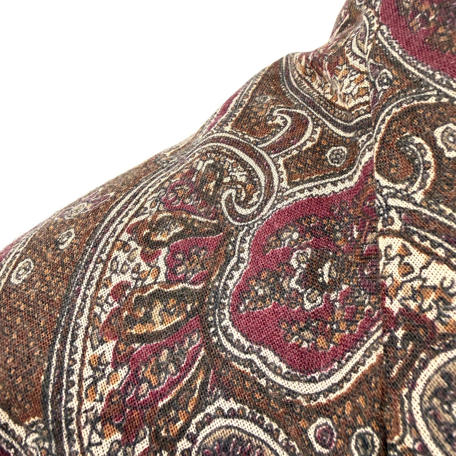 Vintage 80s Boho Maroon Olive Paisley Print Two Ply Triangle Shawl Scarf