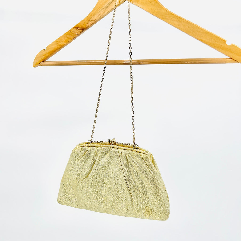 Vintage 1960s Gold Metallic Lamé Frame Evening Clutch Bag