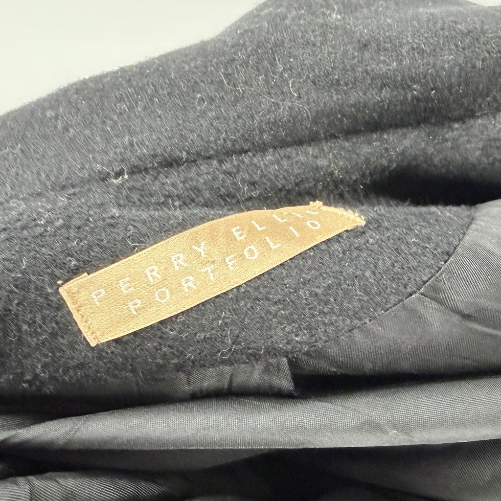 Vintage 90s Perry Ellis Black 100% Wool Gold Button Swing Overcoat