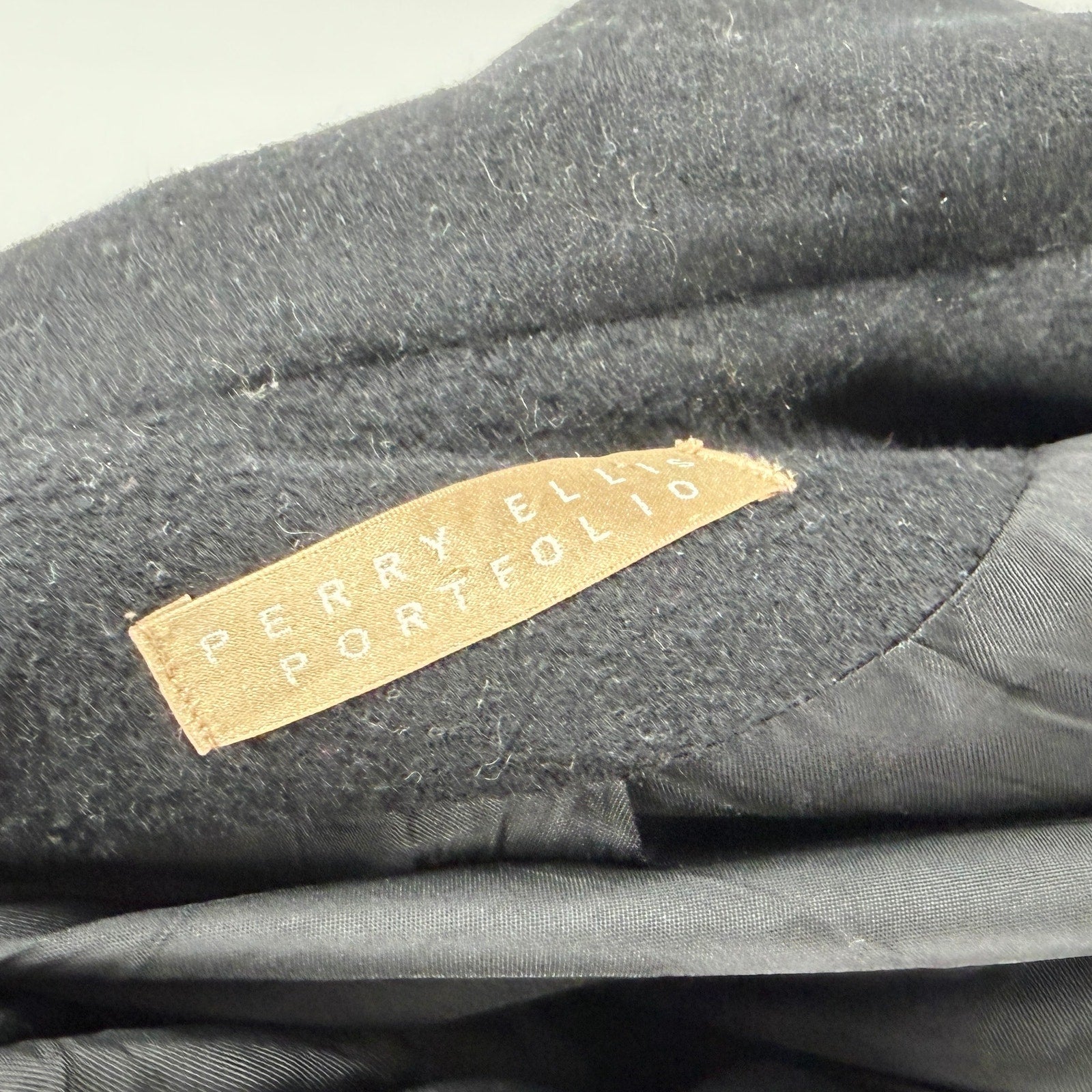 Vintage 90s Perry Ellis Black 100% Wool Gold Button Swing Overcoat