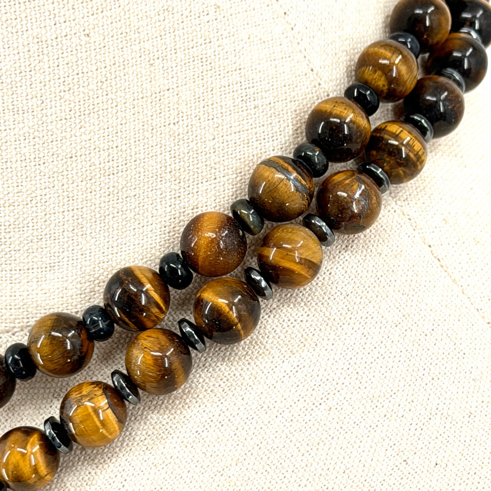 Vintage 90s Tiger's Eye Hematite Double Strand Toggle Statement Necklace