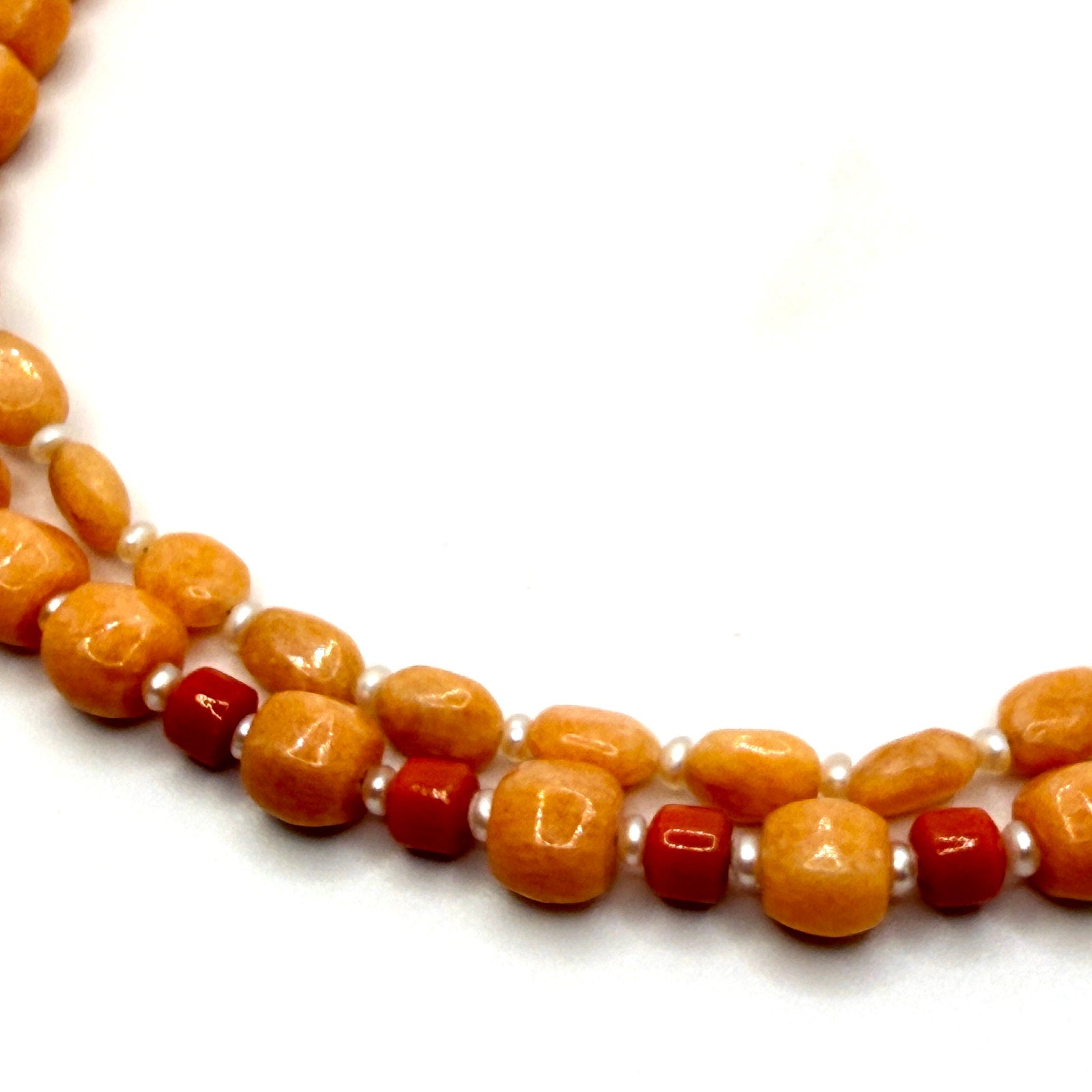 Vintage 90s Orange Jade Quartzite Pearl Red Coral Double Strand Necklace