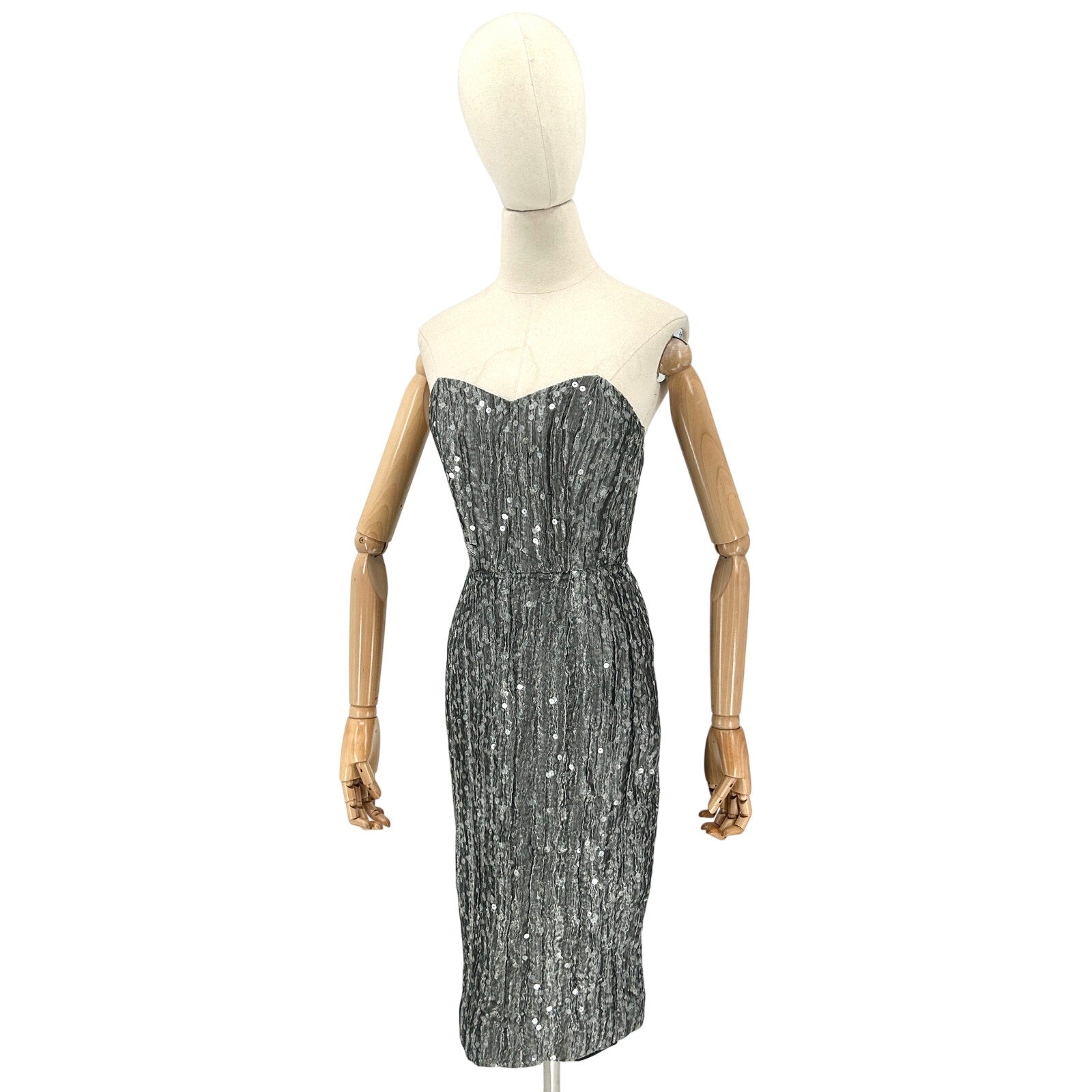 Vintage 90s Jacques Azagury Silver Metallic Sequin Silk Strapless Boned Dress