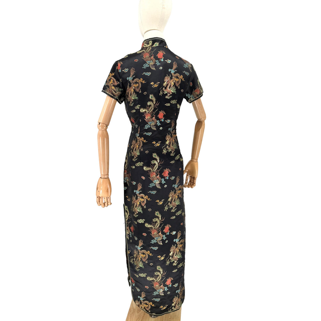 Vintage Y2K Lian Lin Black Metallic Dragon Phoenix Cheongsam Qipao Maxi Dress