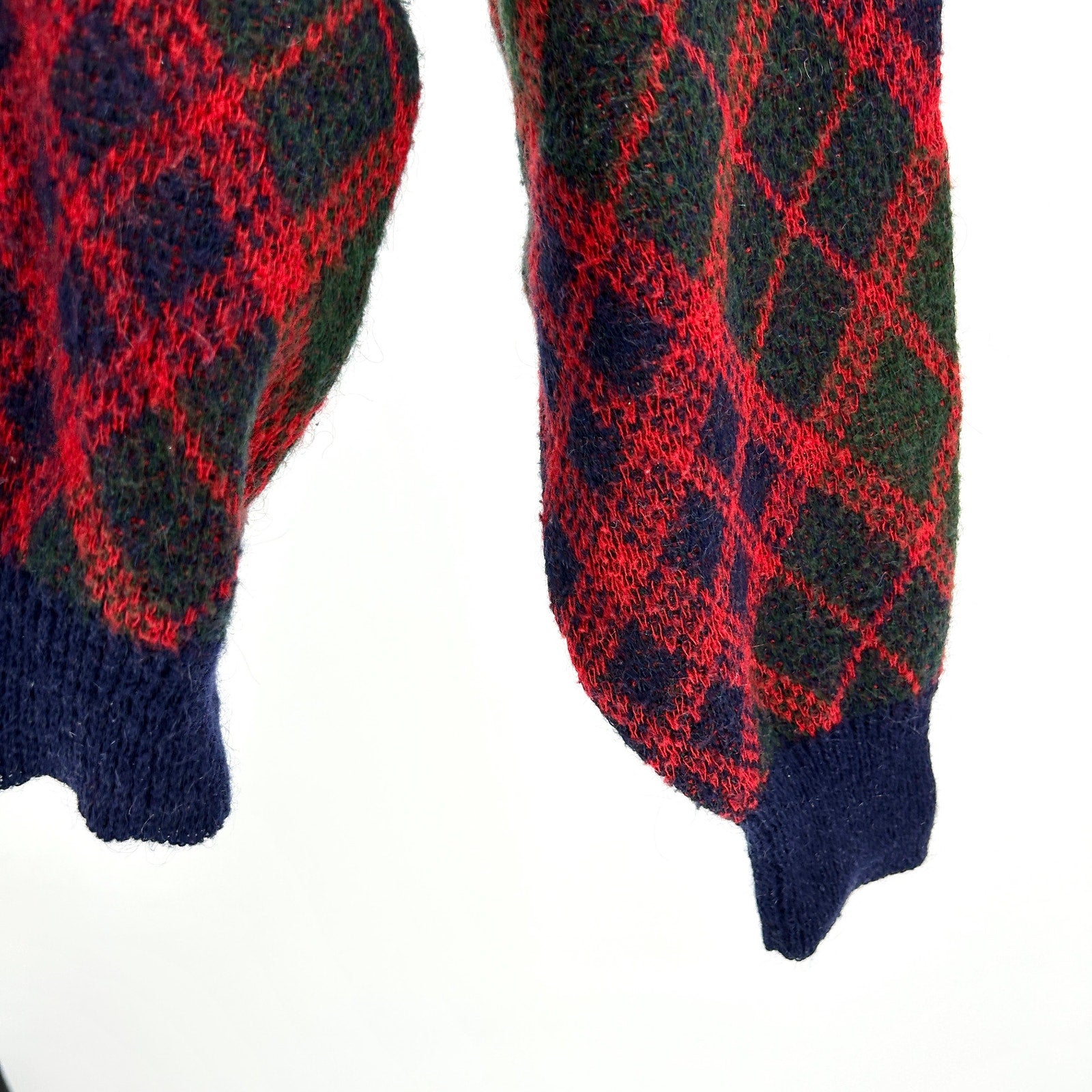 Vintage 90s Bethlehem Knitwear Red Navy Argyle Mohair Blend Sweater