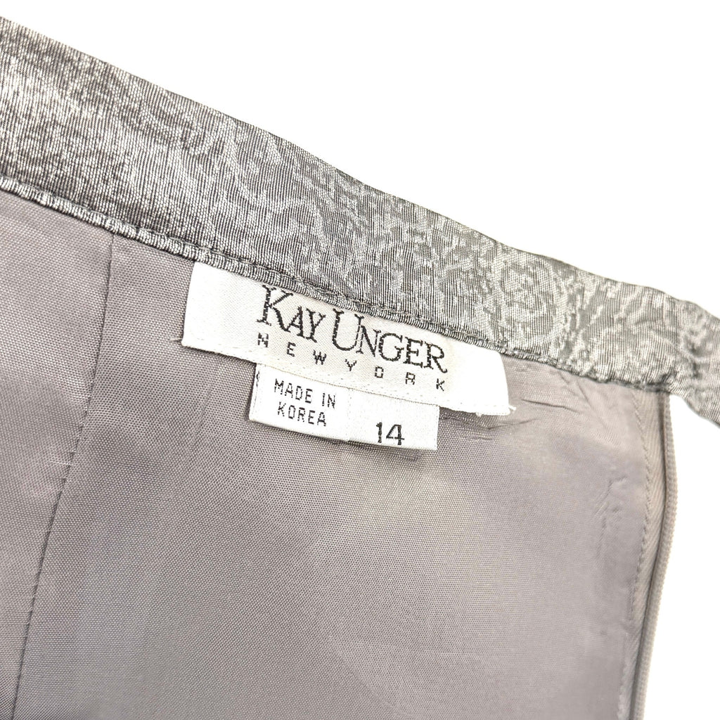Vintage 90s Kay Unger Silver 100% Silk Paisley Back Slit Maxi Pencil Skirt