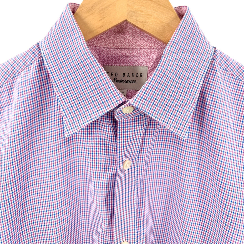 Ted Baker Endurance Pink Blue Check 100% Cotton Floral Trim Dress Shirt