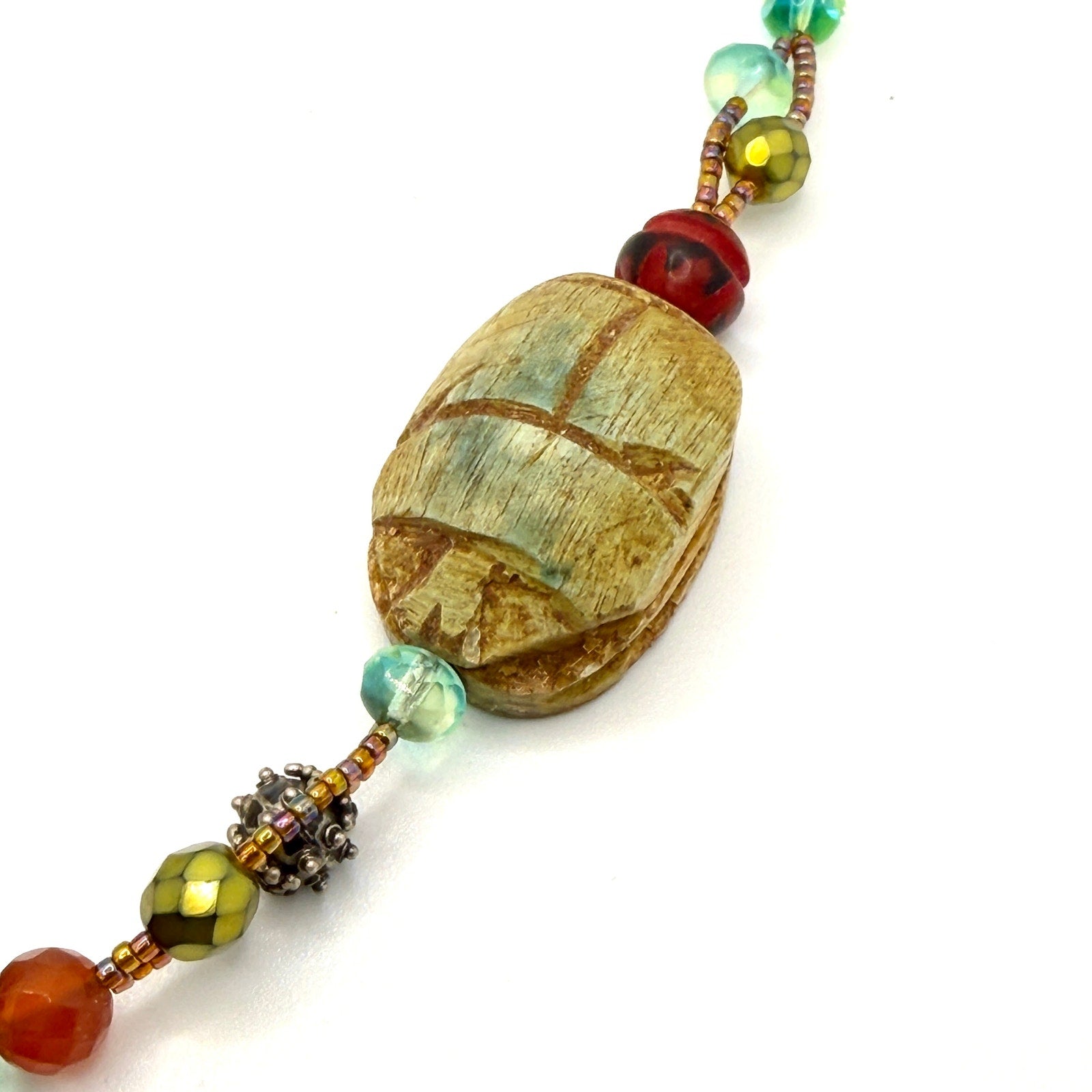 Vintage 90s Bi-color Jade Butterfly Filigree Scarab Statement Necklace
