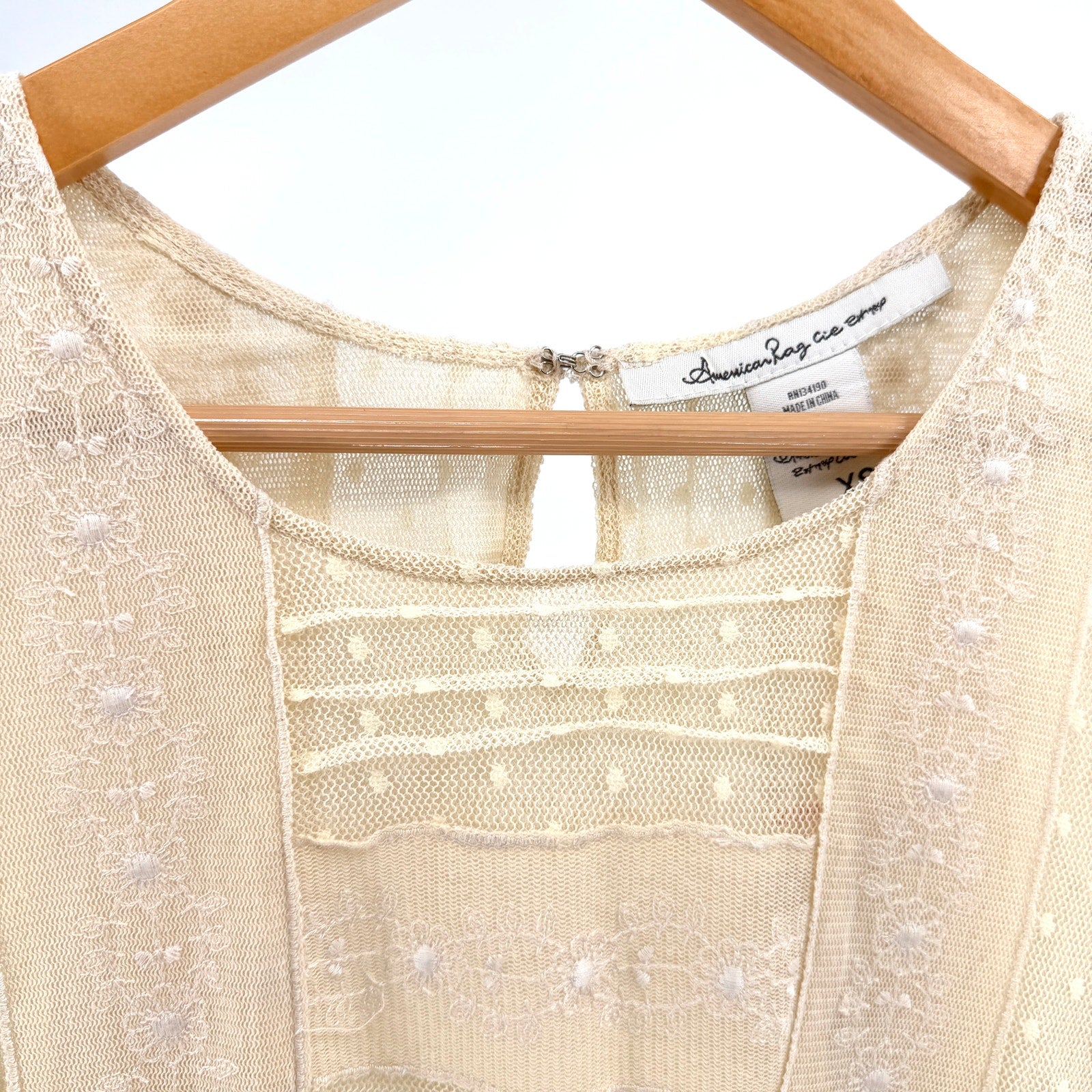 American Rag Cream Lace Pointelle Mesh Ruffle Blouse