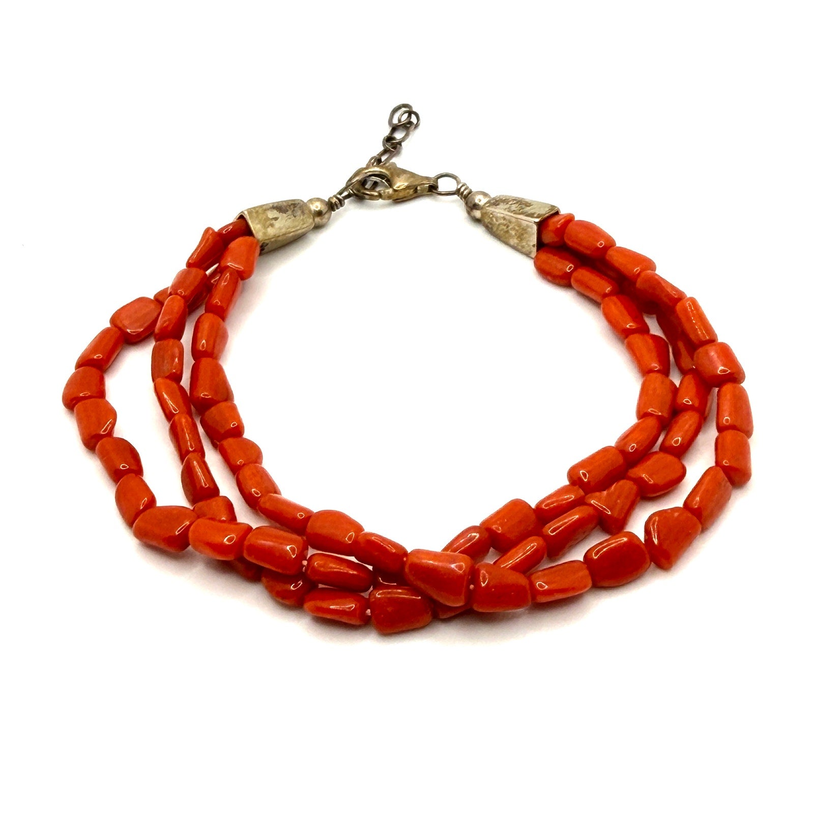 Vintage 90s Stamped Sterling Silver Red Coral Three Strand Bead Bracelet