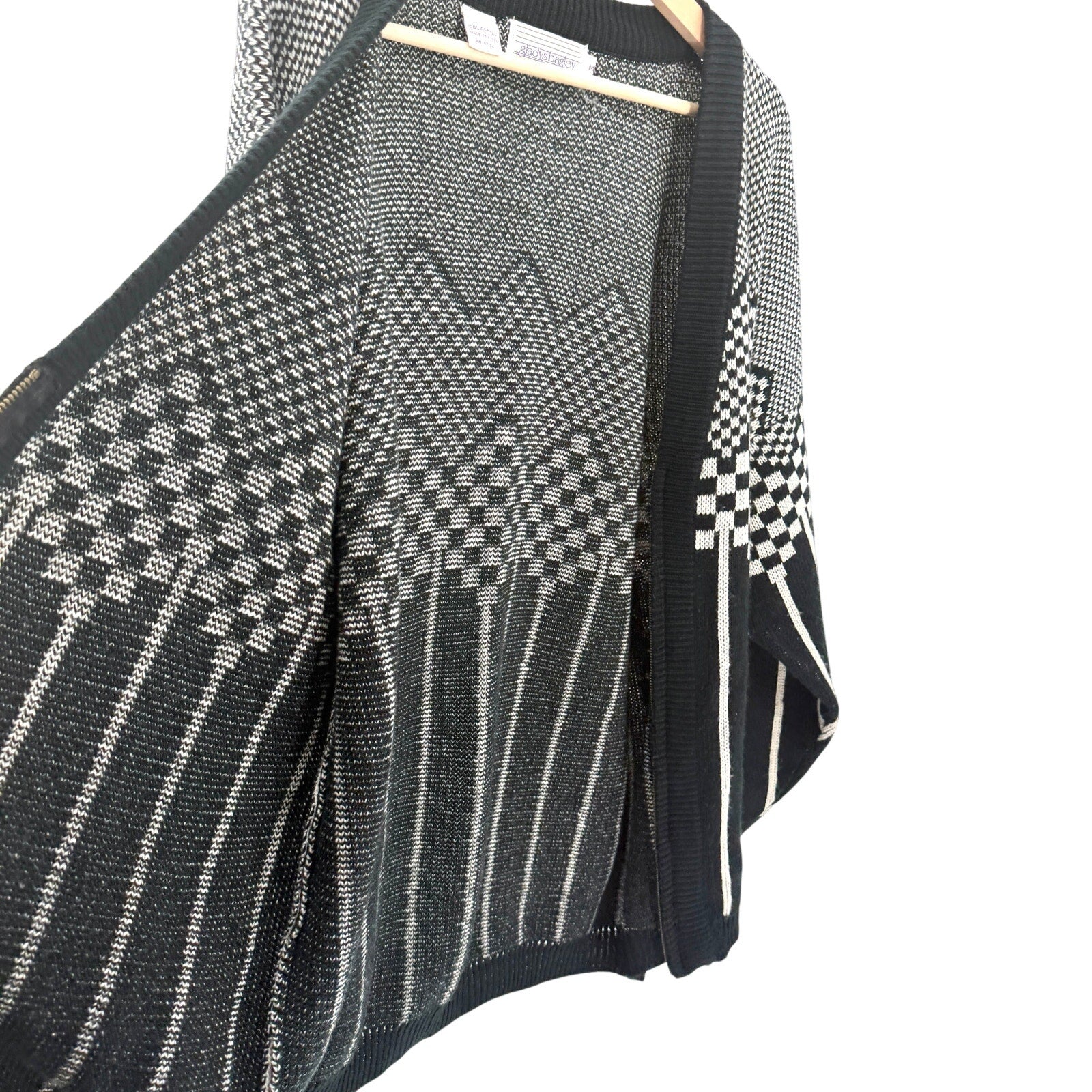 Vintage 80s Gladys Bagley Black White Oversized Abstract Zip Cardigan Sweater