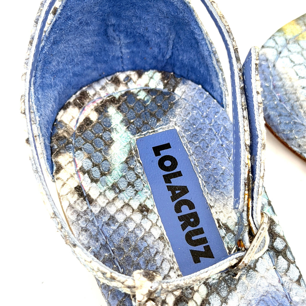 Lola Cruz Blue Snakeskin Genuine Leather Crystal Mesh Thong Sandals
