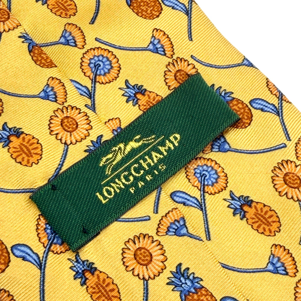 Longchamp Paris Yellow Silk Pineapple Sunflower Print Necktie
