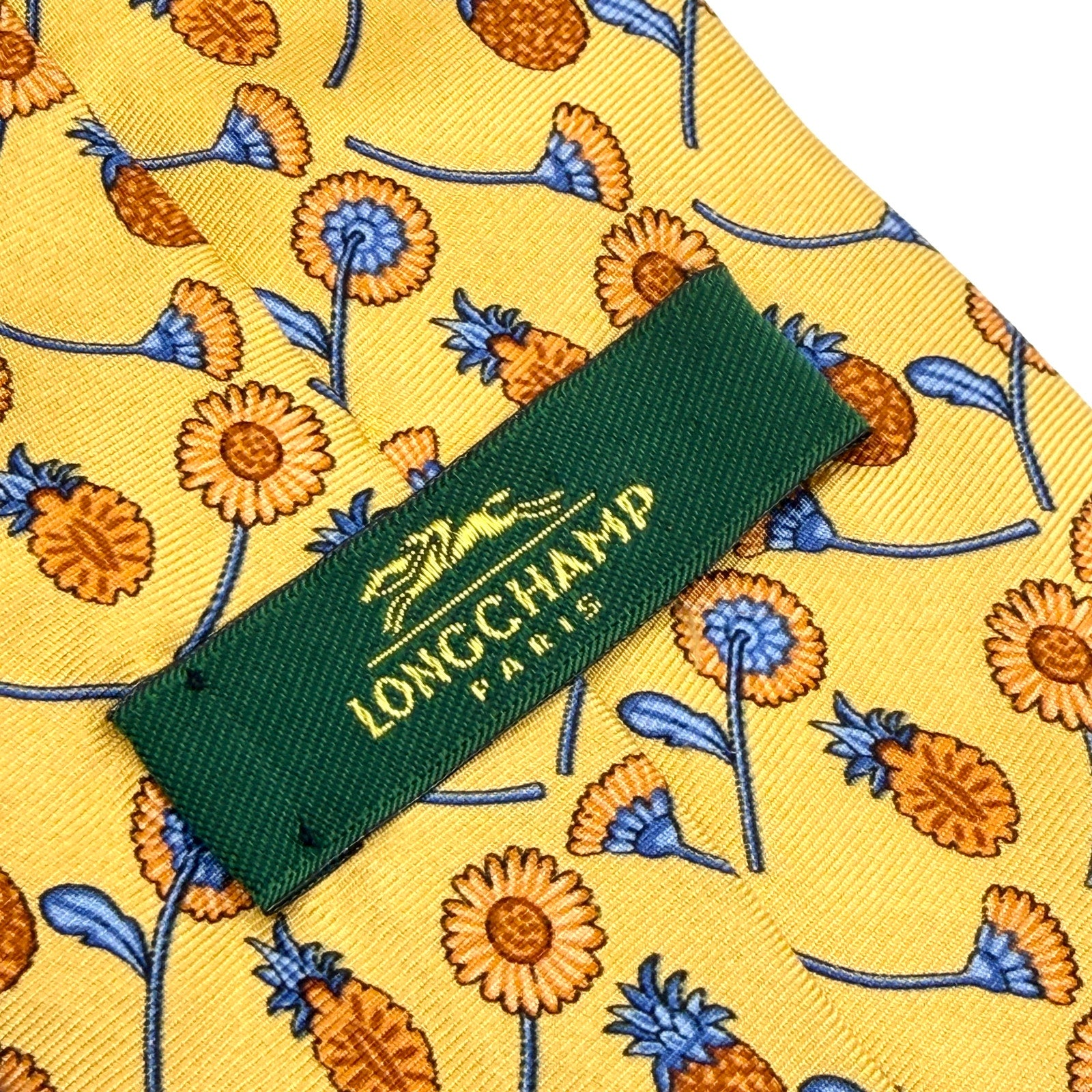 Longchamp Paris Yellow Silk Pineapple Sunflower Print Necktie