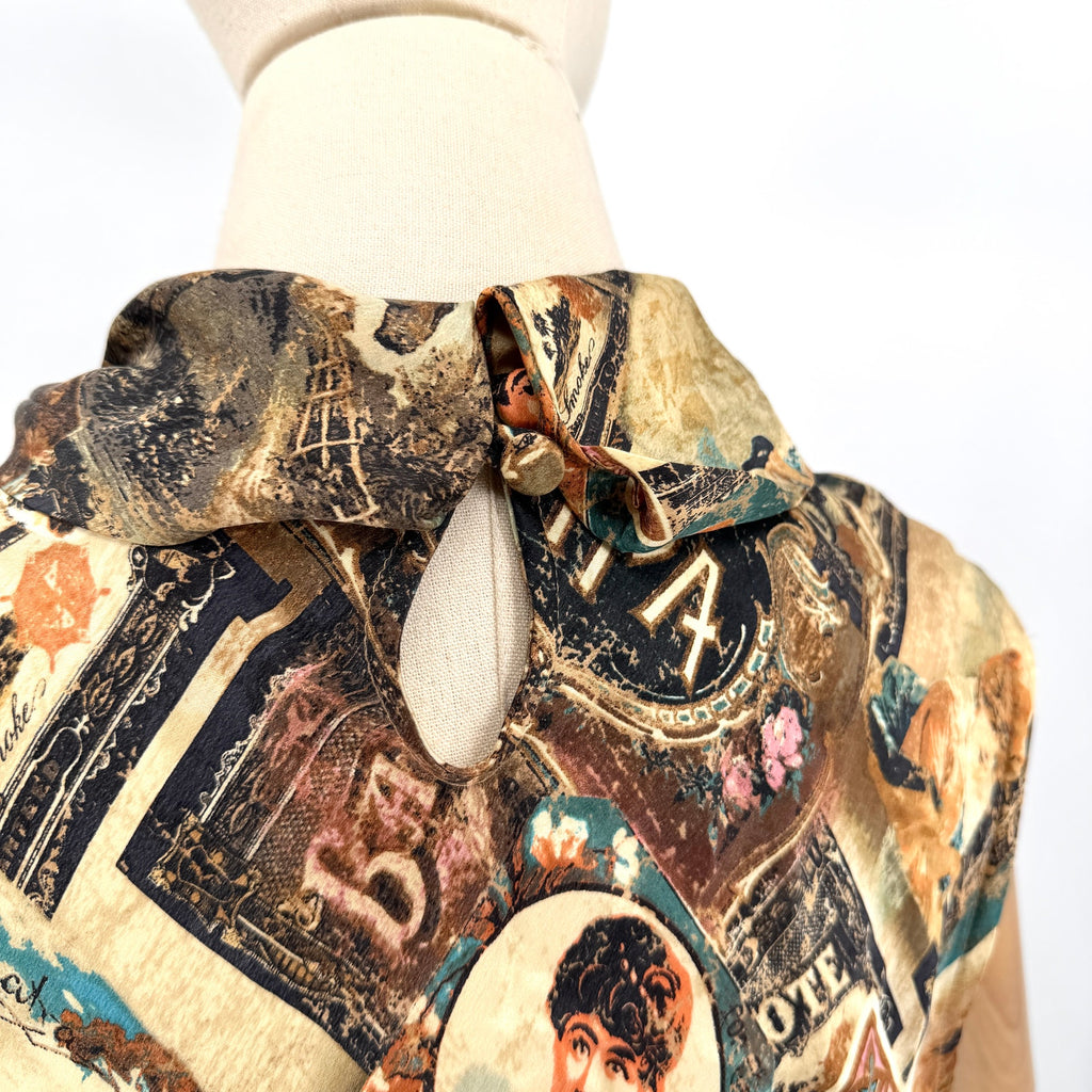 Vintage Y2K Double D Ranch Brown 100% Silk Ephemera Print Blouse Skirt Set