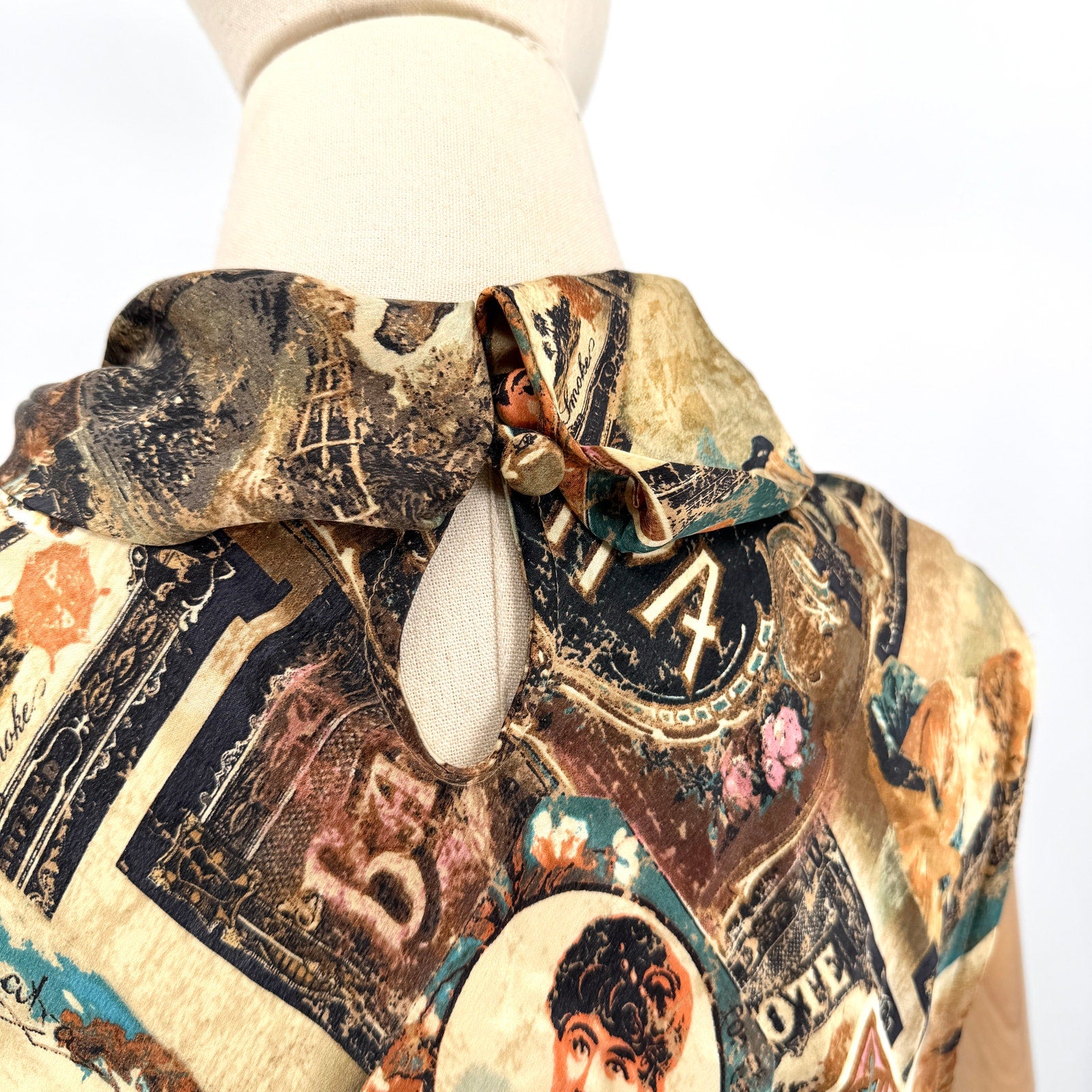 Vintage Y2K Double D Ranch Brown 100% Silk Ephemera Print Blouse Skirt Set