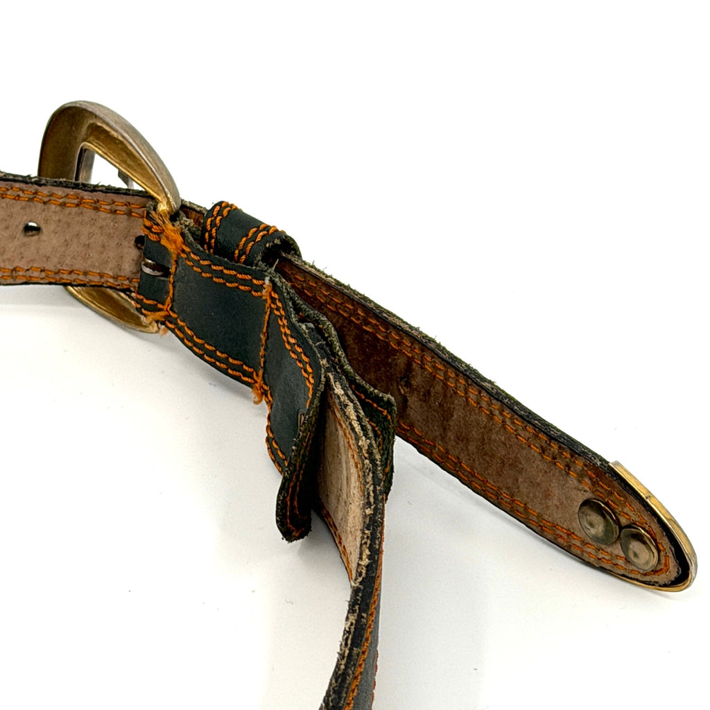 Vintage 90s Forest Green Genuine Leather Belt with Orange Stitching