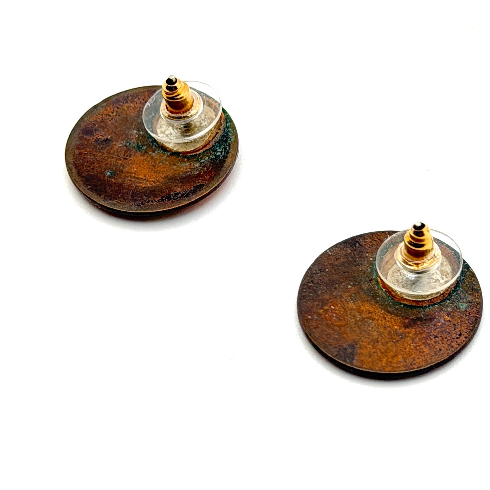 Vintage 70s Orange Gold Enamel Geometric Handcrafted Round Stud Earrings