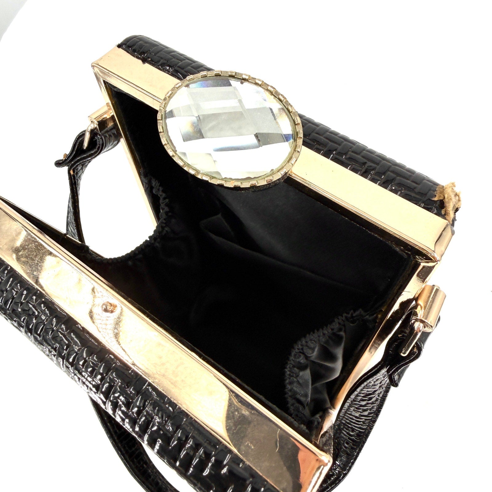 Vintage 90s Black Patent Leather Maximalist Rhinestone Clasp Box Handbag