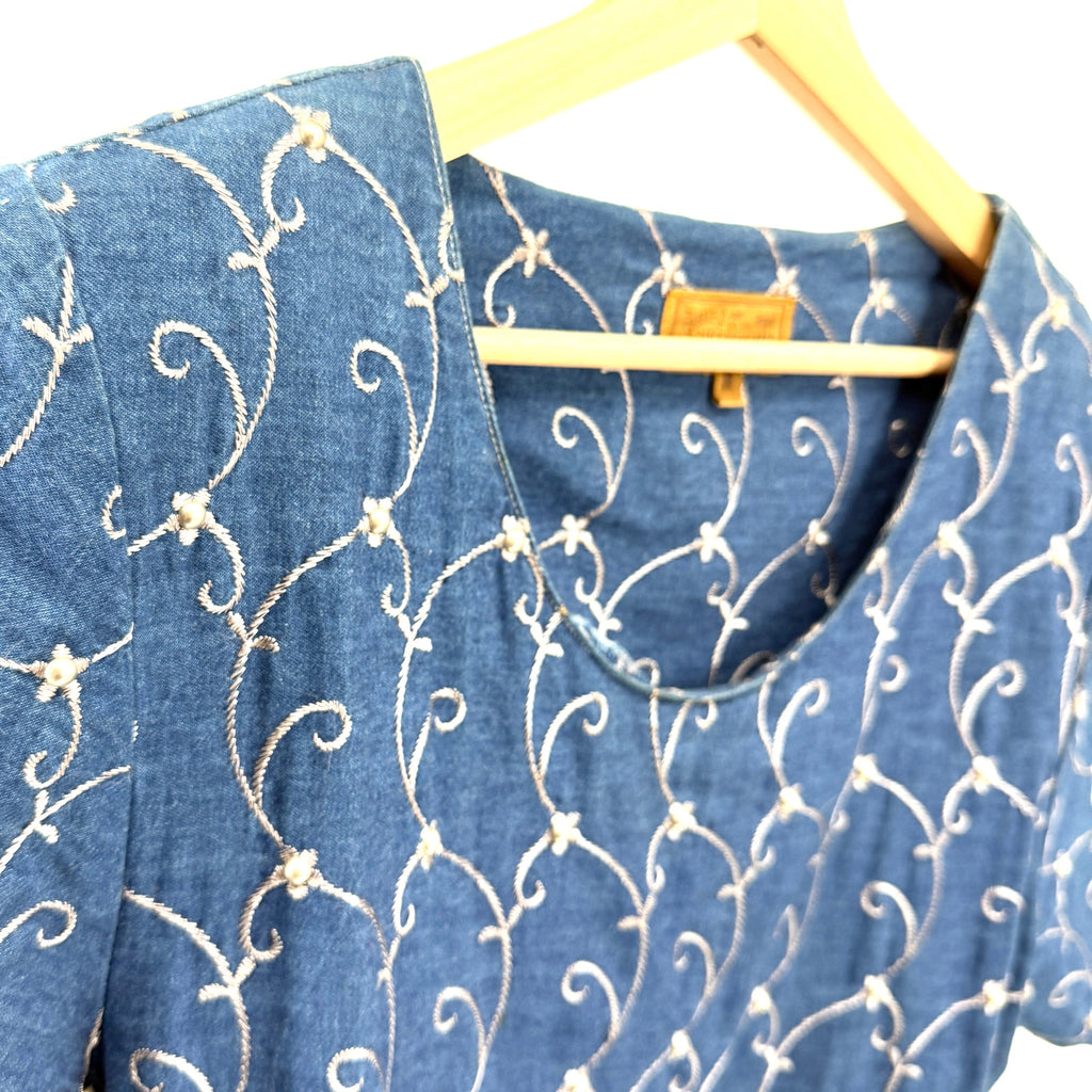 Vintage 90s Double D Ranch Blue 100% Cotton Denim Embroidered Peasant Maxi Dress