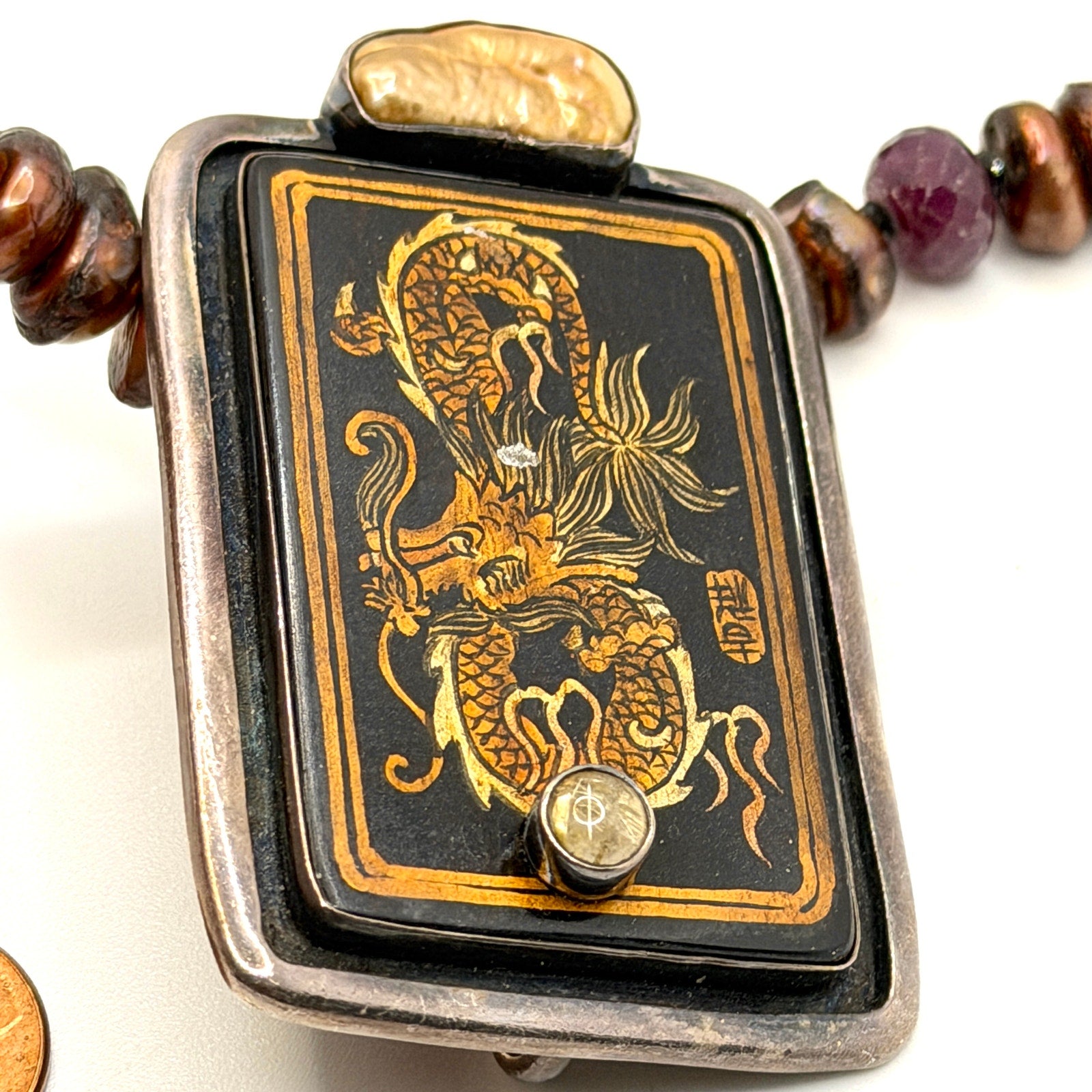 Vintage 90s Amy Kahn Russell Sterling Silver Dragon Pearl Ruby Necklace Pendant