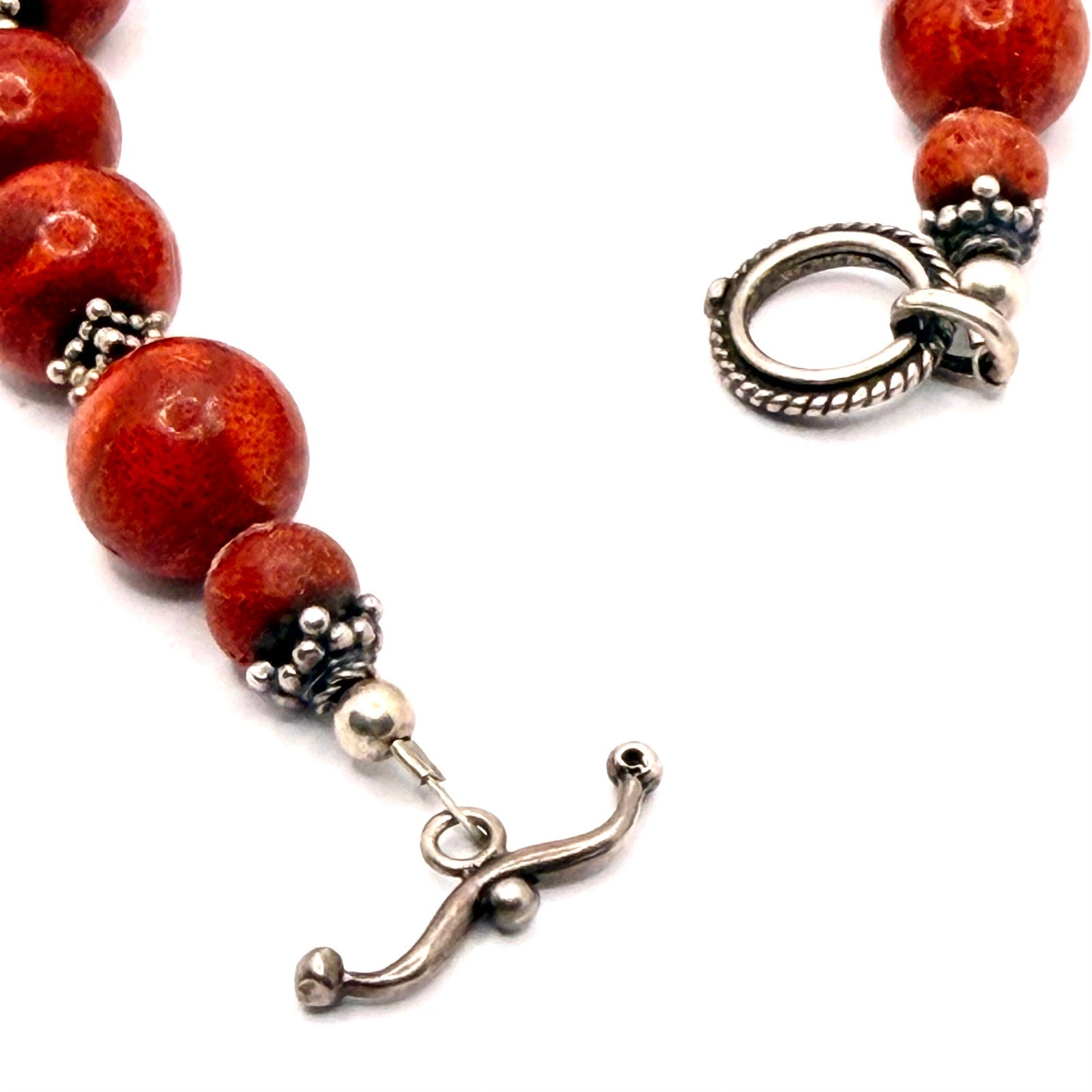 Vintage 90s Red Coral Bead Sterling Silver Toggle Bracelet