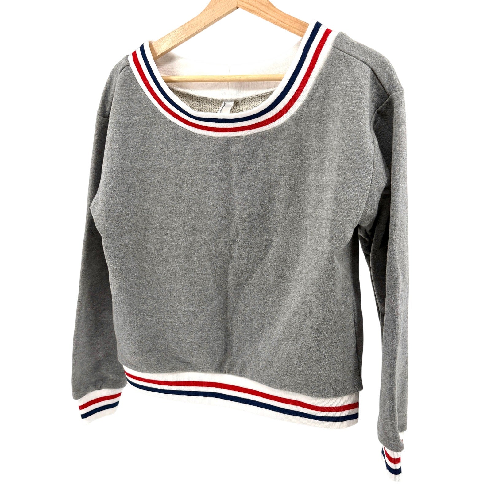 American Apparel Heather Gray Striped Trim Scoop Neck Cropped Sweatshirt
