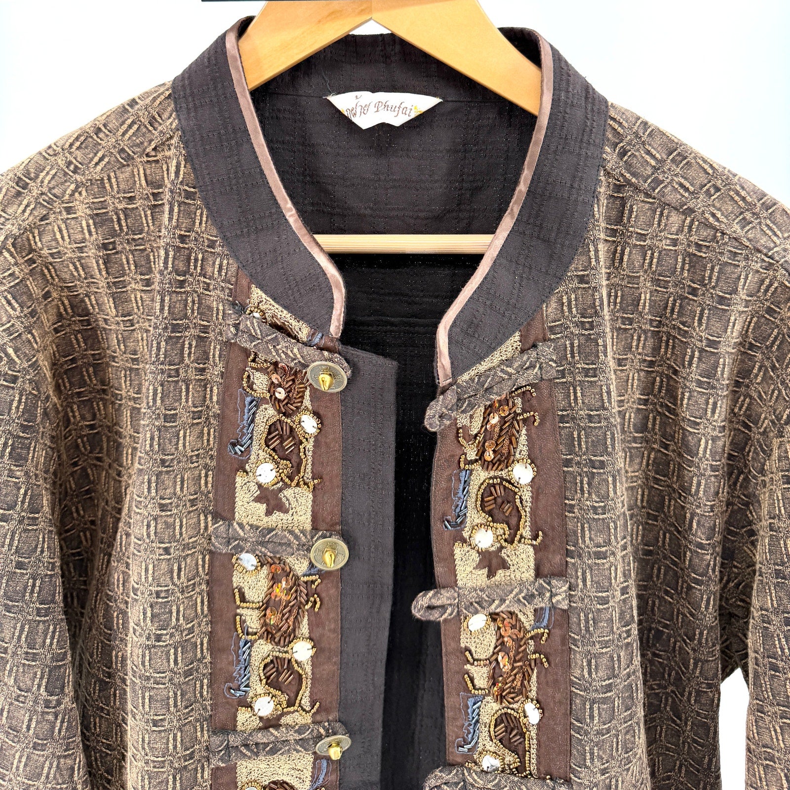 Vintage Y2K Brown 100% Cotton Beaded Applique Frog Closure Jacket
