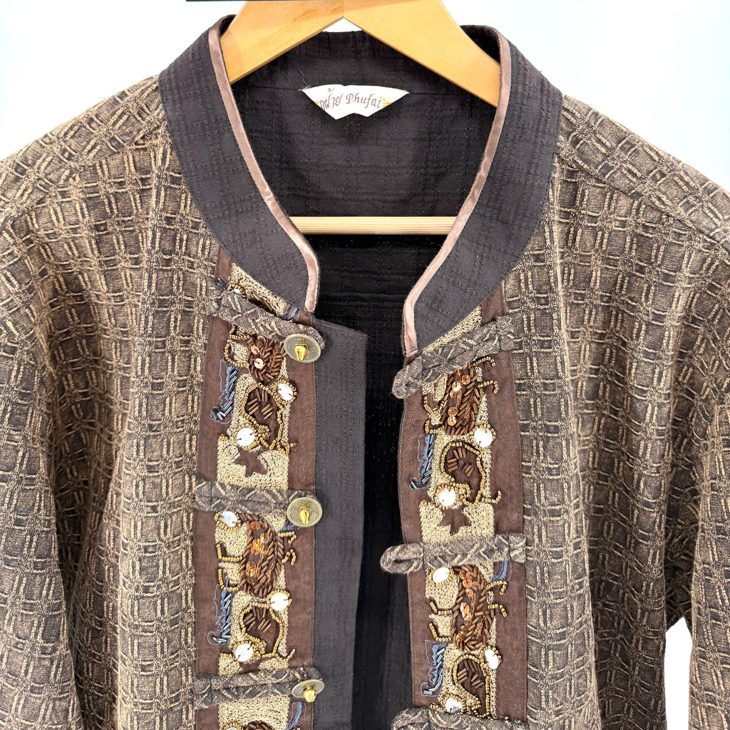Vintage Y2K Brown 100% Cotton Beaded Applique Frog Closure Jacket