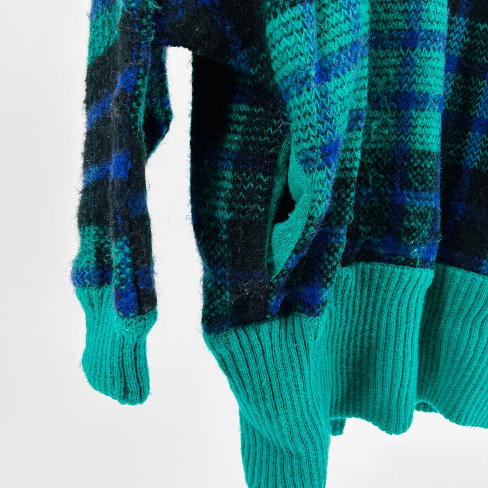 Vintage 80s Samuel Jason Green Blue Plaid Oversized Shoulder Pad Knit Cardigan
