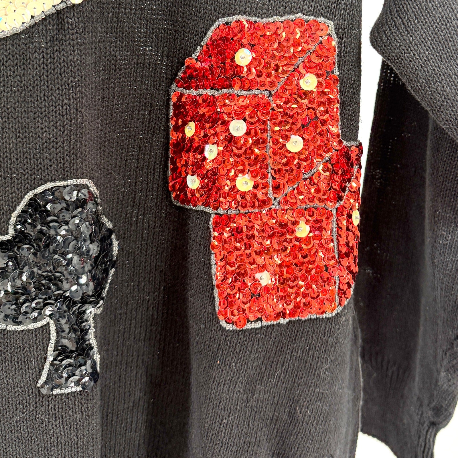 Vintage 90s Instant Black Sequin Playing Cards Casino Novelty Sweater
