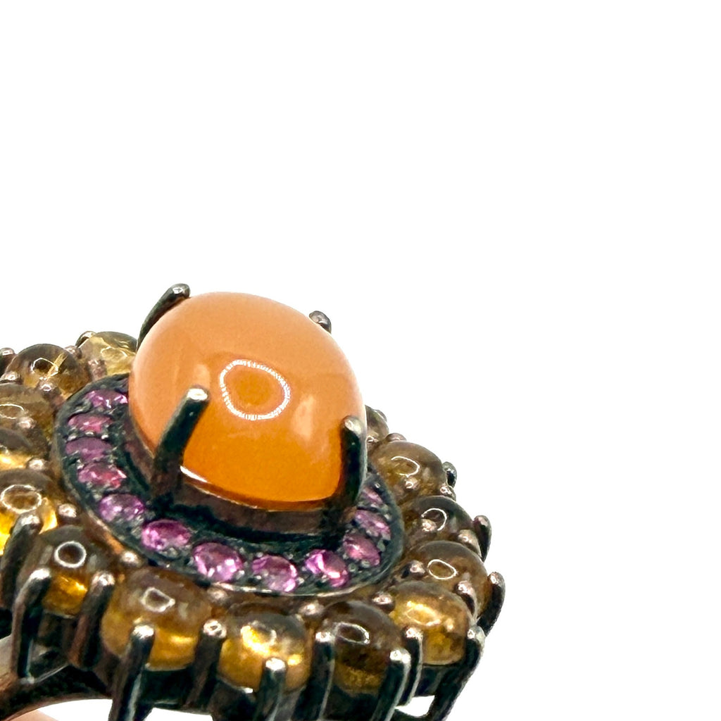 Vintage y2K Orange Jade Sapphire Citrine Sterling Silver Cocktail Ring