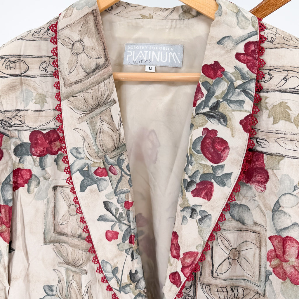Vintage 90s Dorothy Schoelen Platinum Beige Red Floral Blazer Wide Leg Pants Set
