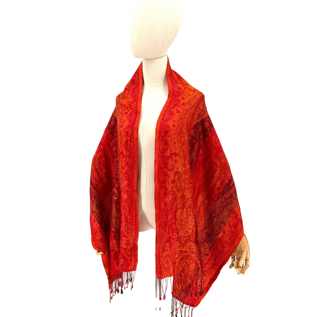 Vintage Y2K Sacred Threads Orange Red 100% Silk Paisley Woven Fringed Shawl