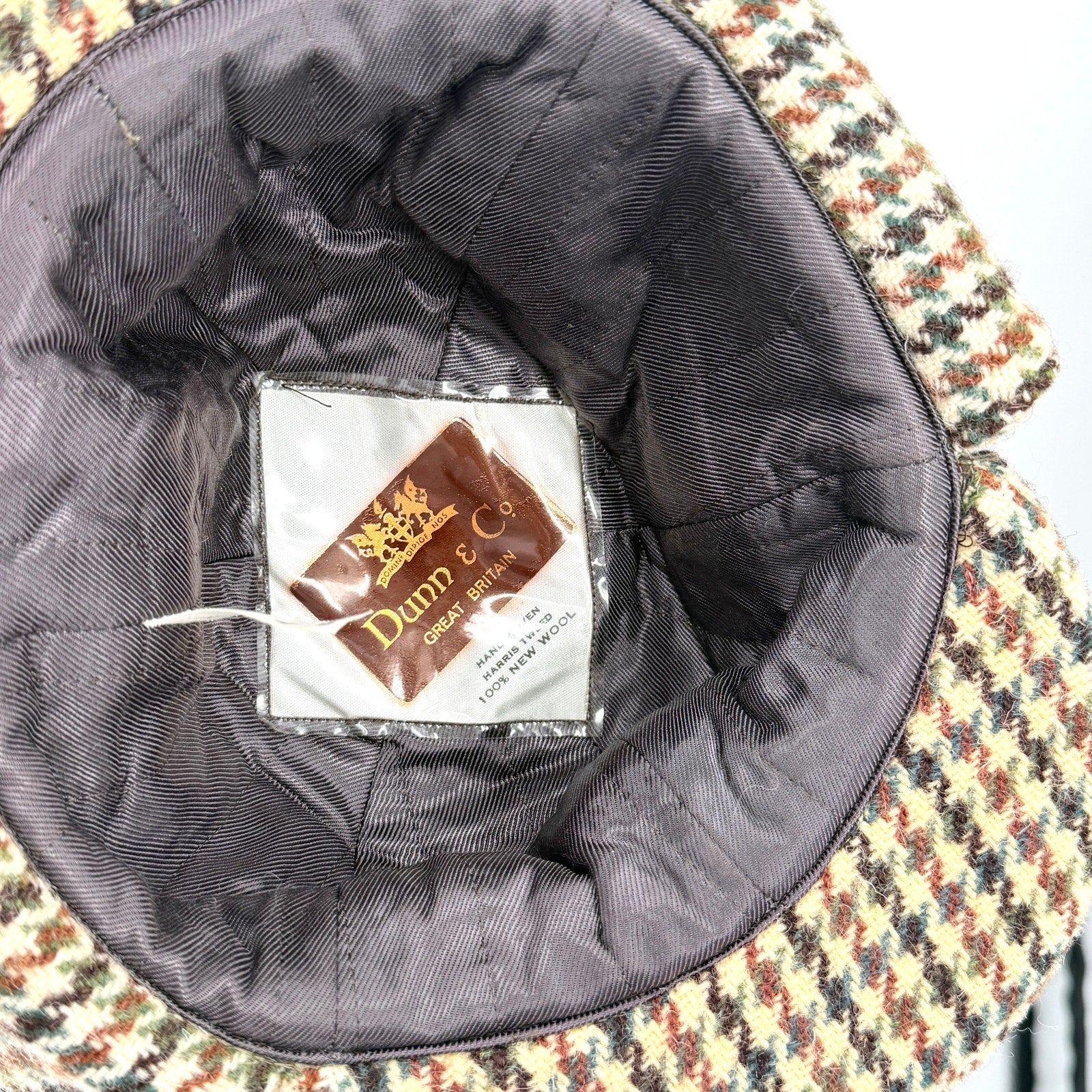 Vintage 60s Dunn & Co Harris Tweed Brown Wool Houndstooth Deerstalker Hat