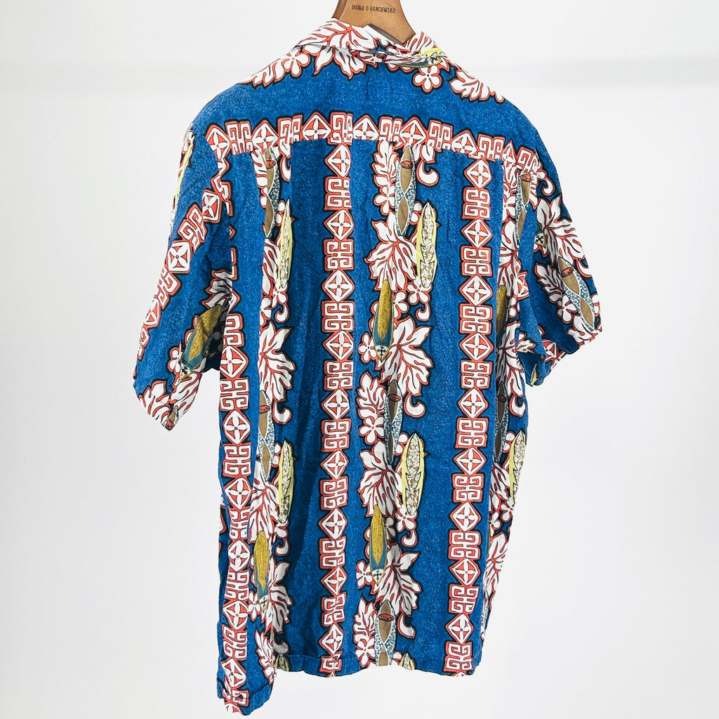Vintage 90s Hawaiian Reserve Blue 100% Cotton Tropical Surfboard Shirt