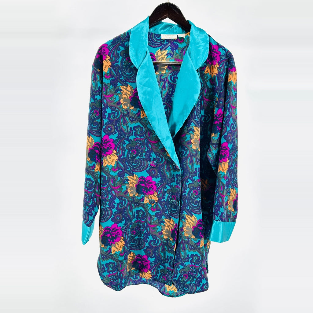 Vintage 90s Victoria's Secret Teal Floral Satin Lapel Sleepwear Robe
