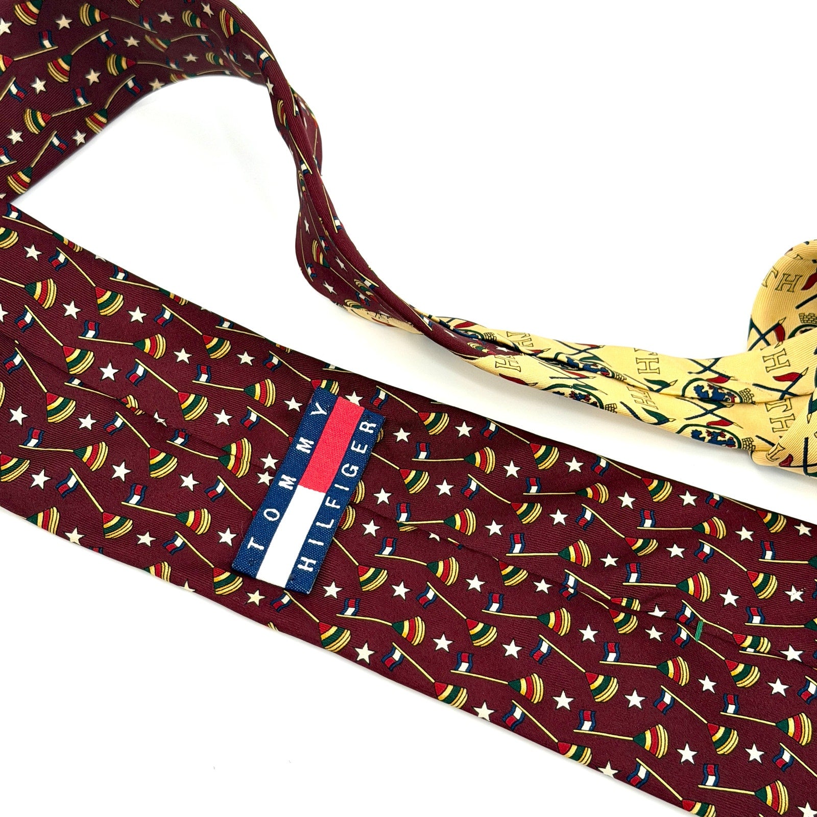 Vintage 90s Tommy Hilfiger Maroon Beige 100% Silk Nautical Flag Crest Necktie
