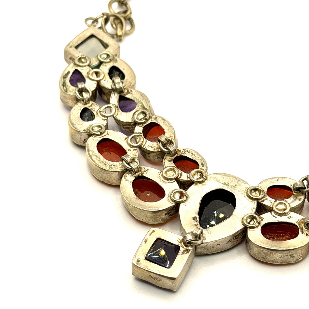 Vintage 90s Stamped Taxco Sterling Silver Multistone Statement Bib Necklace