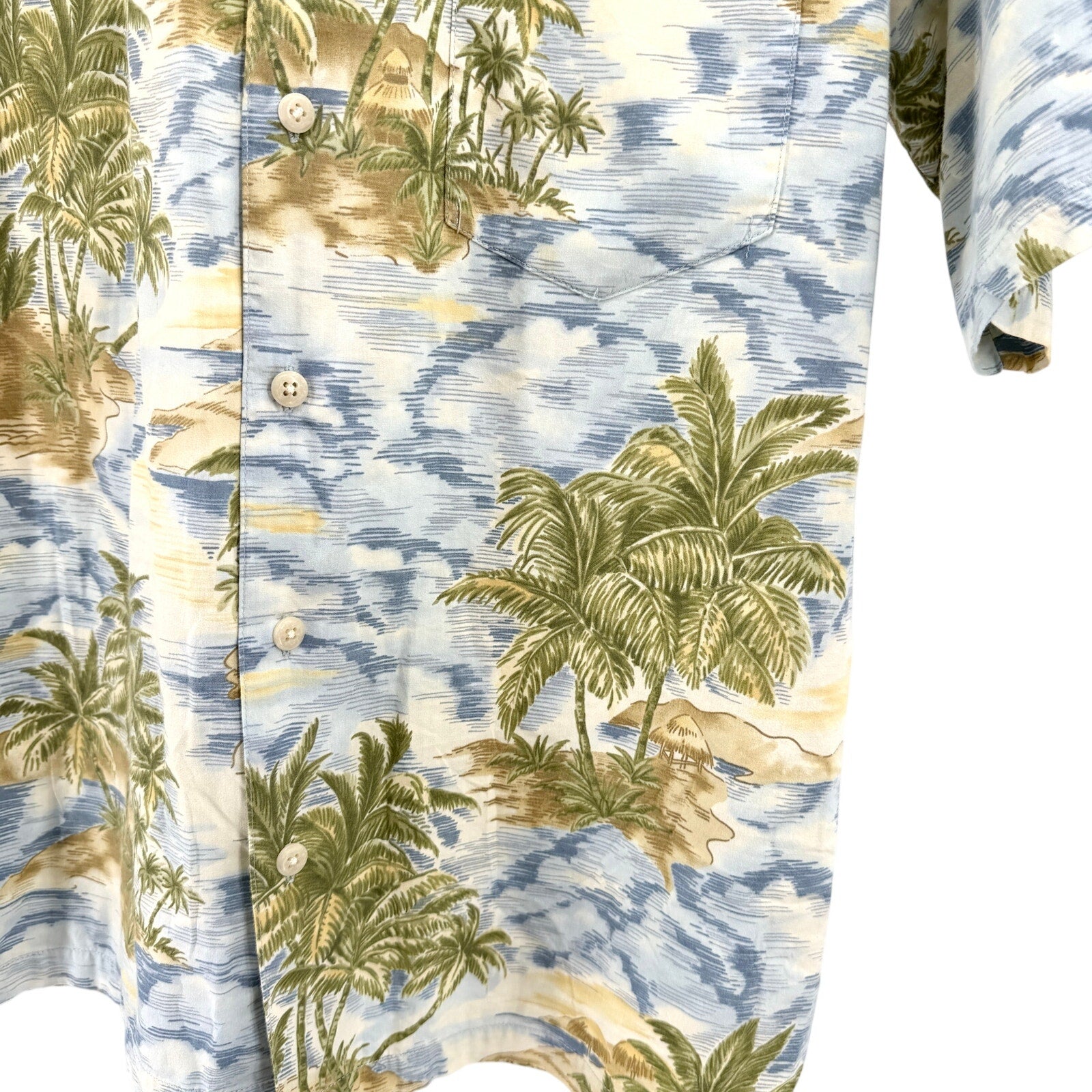 Pau Hana Hawaii Blue Tropical Palm Tree Print Camp Shirt