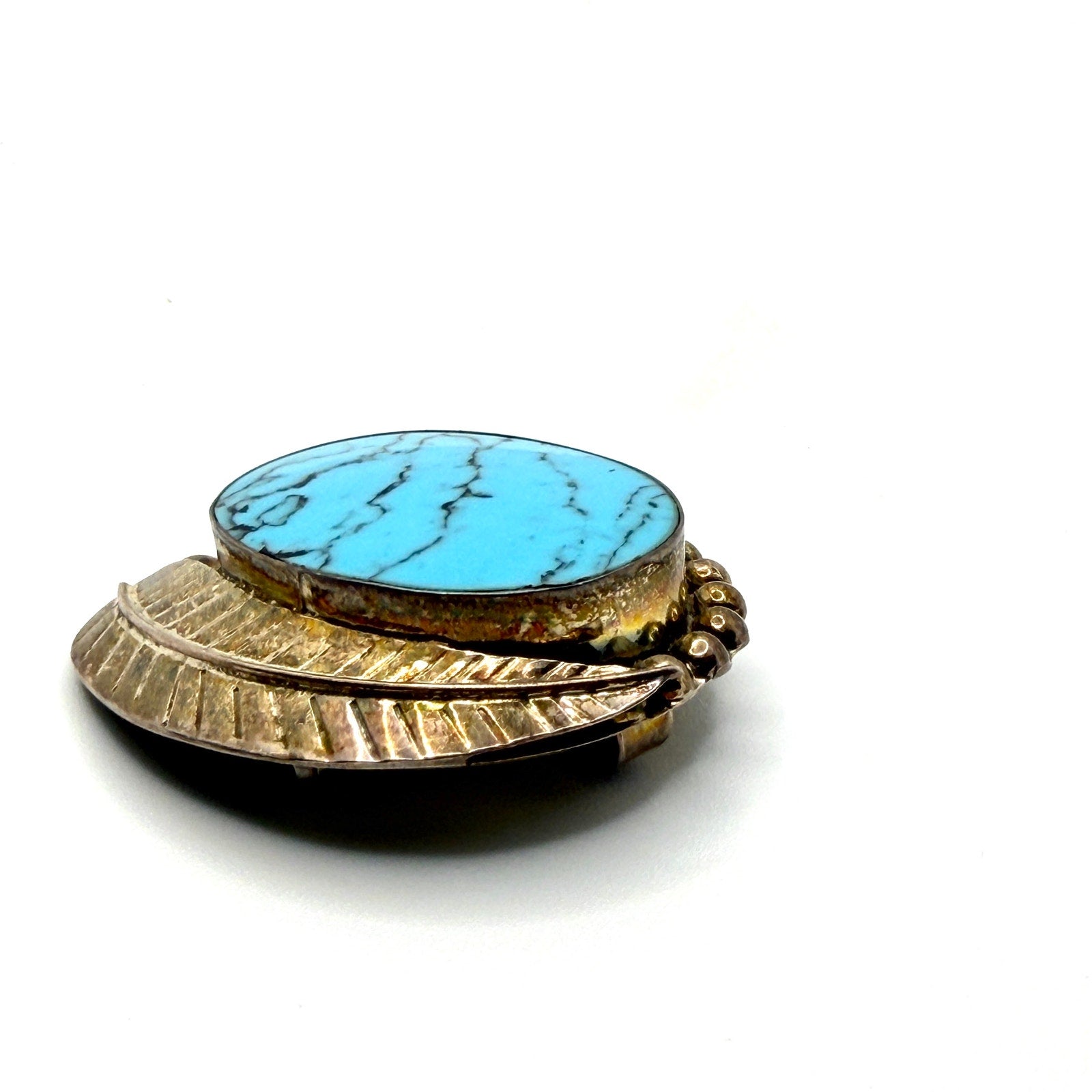 Vintage 90s Taxco Mexico Sterling Silver Turquoise Signed Leaf Pin Pendant